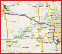 Map of Detroit Airport to East Lansing