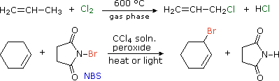 H2CCHCH3 + Cl2 at 600 degrees C forms H2CCHCH2Cl + HCl