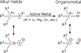 Alkyl halides react with active metals (Li, Mg, Zn, etc) to form an organometal